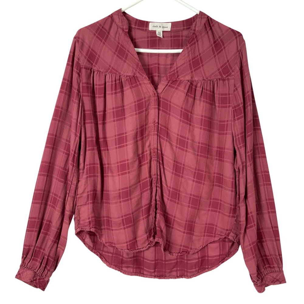 Cloth & Stone Pink Plaid Blouse Small Button Up V-Neck Long Sleeve Gathered Yoke